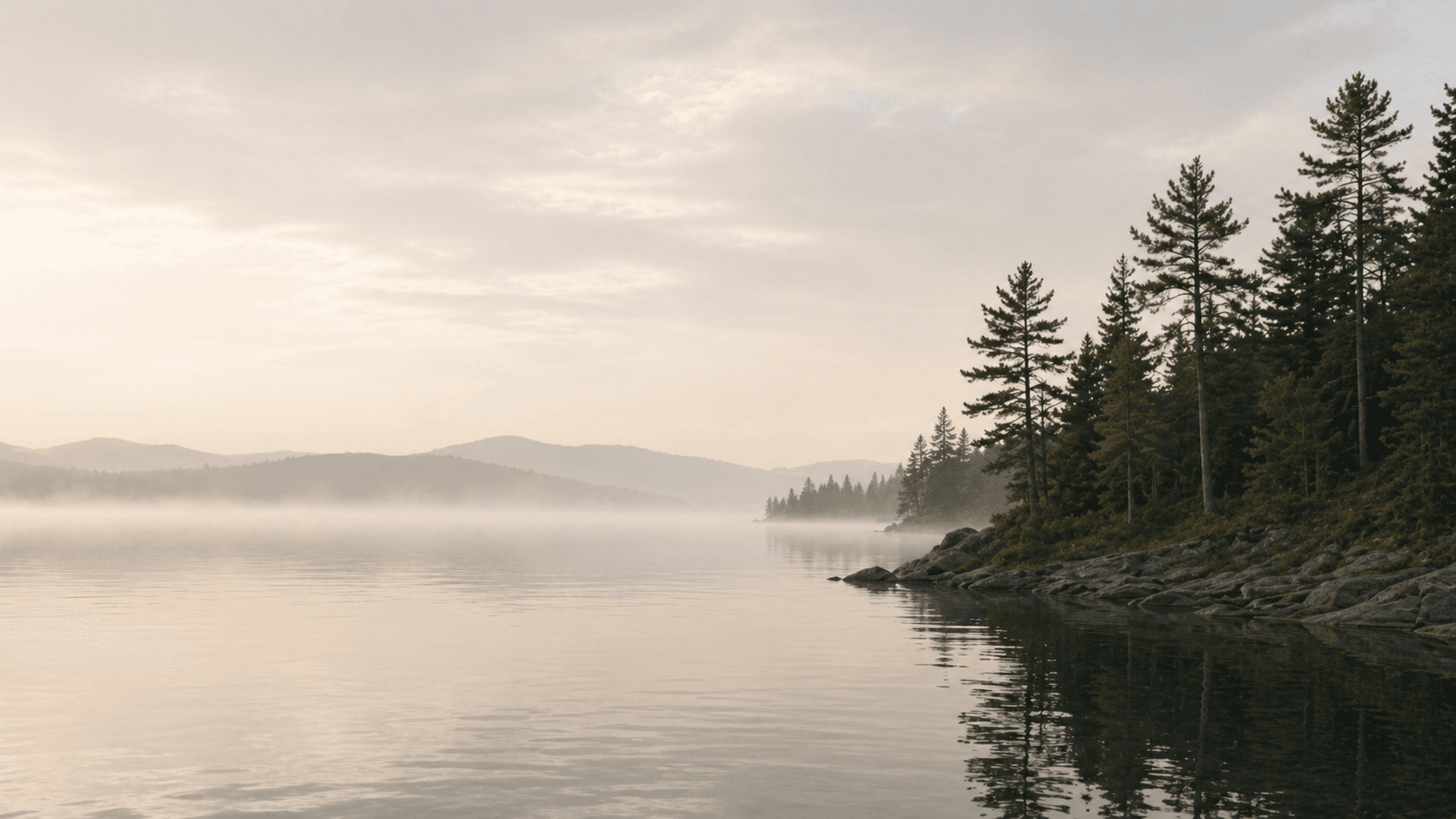 A calm lake with pines and morning haze.